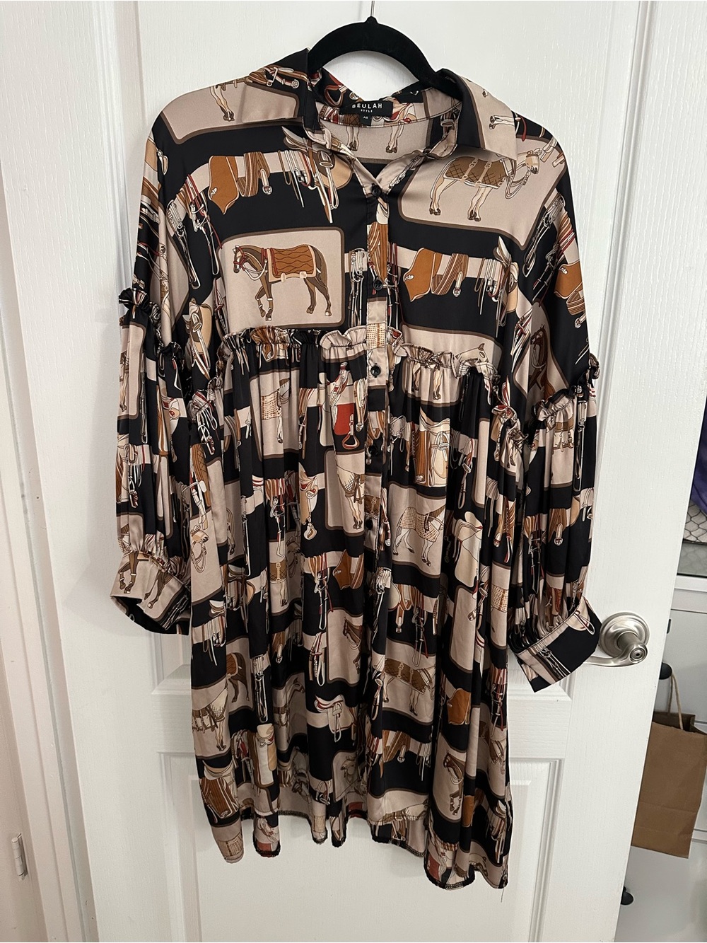 Beulah Black & Beige Equestrian-Print Button Blouse